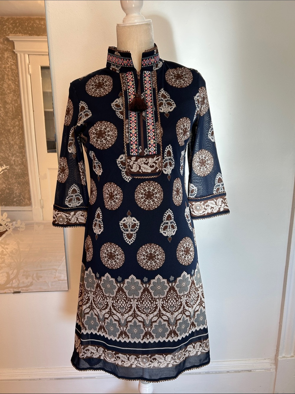 Anac Navy Tunic Midi Dress with Brown and Cream Medallion Print